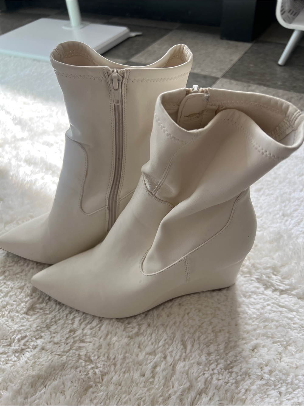 Open Edit Cream Wedge Ankle Boots - Women's Fashion Booties